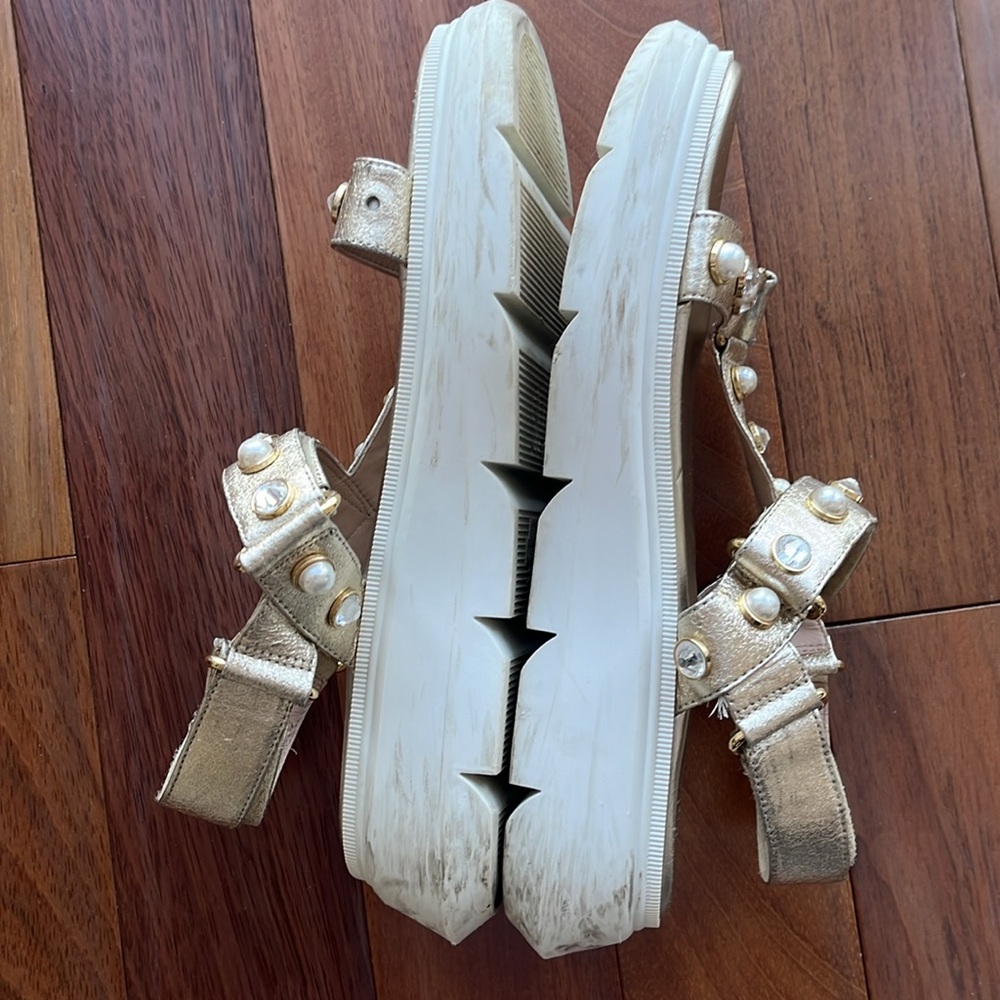 Stuart Weitzman Zoelie Beaded Metallic Gold Leath… - image 3